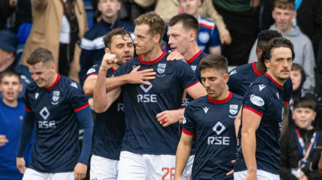 DINGWALL, SCOTLAND - SEPTEMBER 14: Ross County's Jordan White celebrates scoring to make it 2-0 during a William Hill Premiership match between Ross County and Dundee at the Global Energy Stadium, on September 14, 2024, in Dingwall, Scotland. (Photo by Paul Devlin / SNS Group)