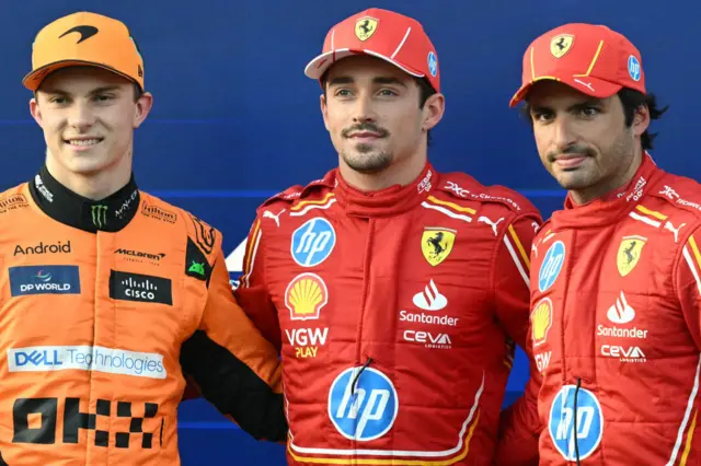 Oscar Piastri, Charles Leclerc and Carlos Sainz pose for a photo