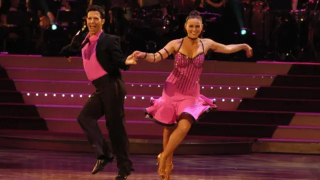 Actress Jill Halfpenny and her dance partner Darren Bennett in the Strictly Come Dancing ballroom