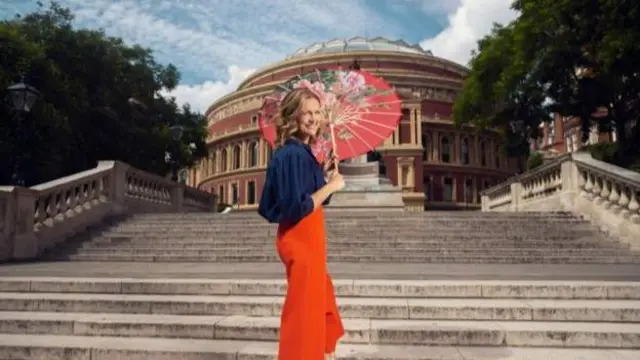 Proms presenter Katie Derham in front of the Royal Albert Hall