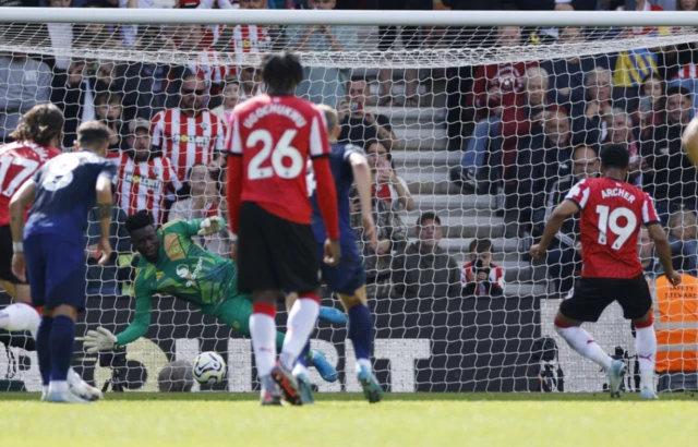 Southampton's Cameron Archer has his shot saved by Manchester United's Andre Onana