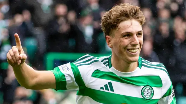 Arne Engels celebrates after scoring for Celtic against Hearts