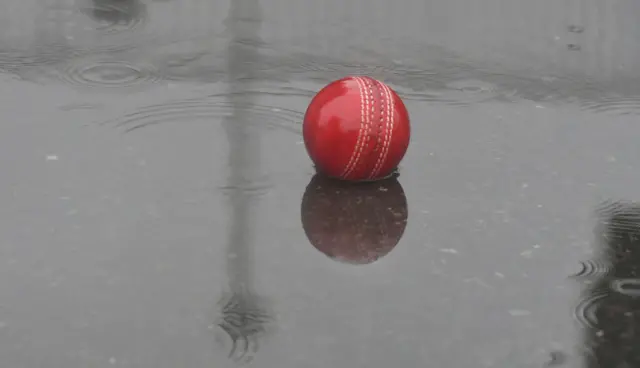 Cricket ball in a puddle at Old Trafford