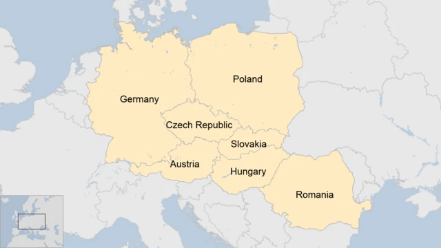 Map showing central and eastern Europe. Germany, Poland, Czech Republic, Slovakia, Austria, Hungary, and Romania are highlighted in orange