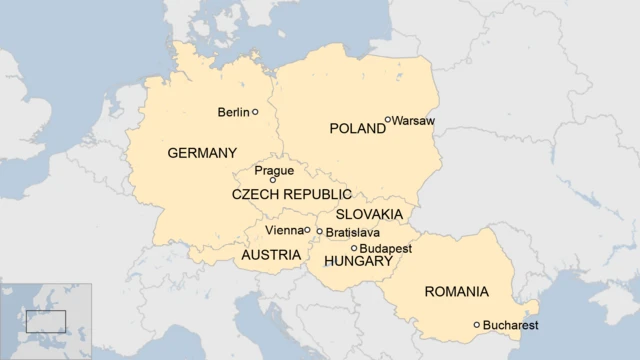 Map showing Germany, Poland, Czech Republic, Slovakia, Austria, Hungary, and Romania. Their capital cities are also on the map.