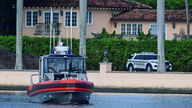 A U.S. Coast guard patrol boat operates around Mar-A-Lago, where the residence of Republican presidential nominee and former U.S. President Donald Trump is, after an apparent assassination attempt on him at his Florida golf course, in Palm Beach