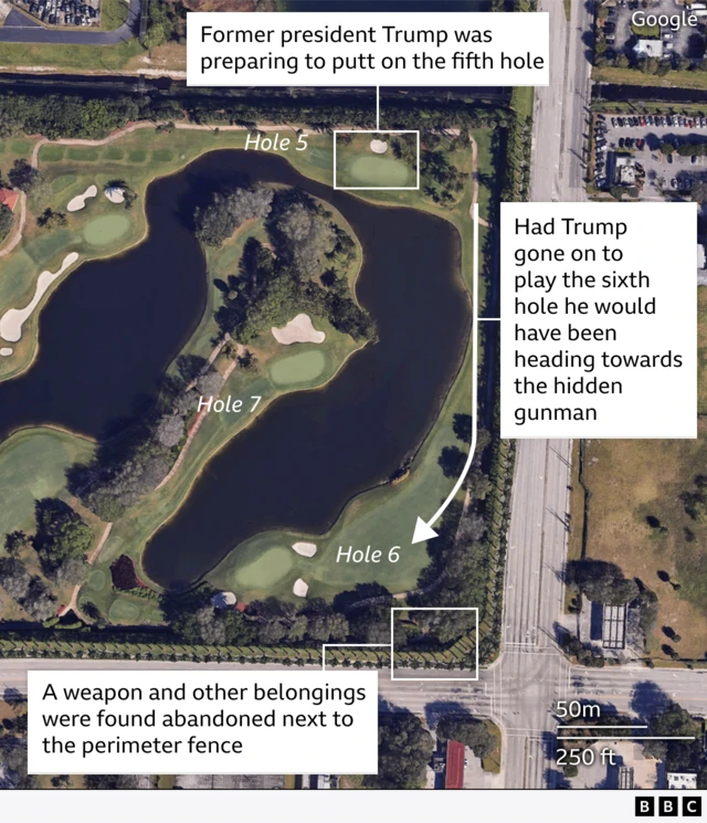 Map showing where Trump would have been in relation to the gunman, had he gone to hole 6