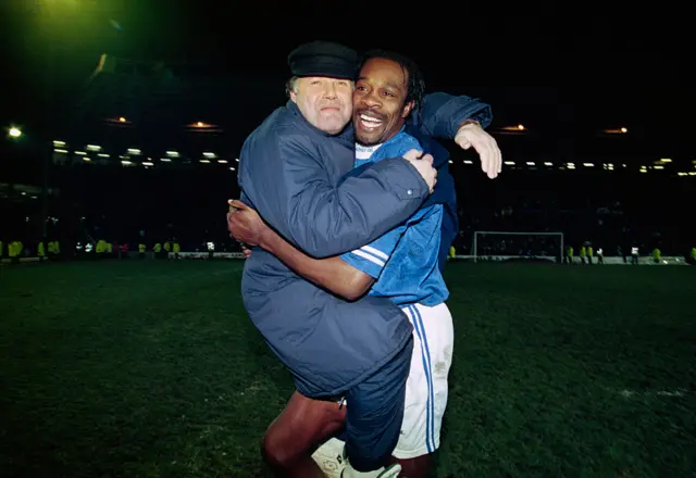 Former Birmingham City striker Kevin Francis holds manager Barry Fry aloft following their win against Wrexham at St Andrew's in February 1995.