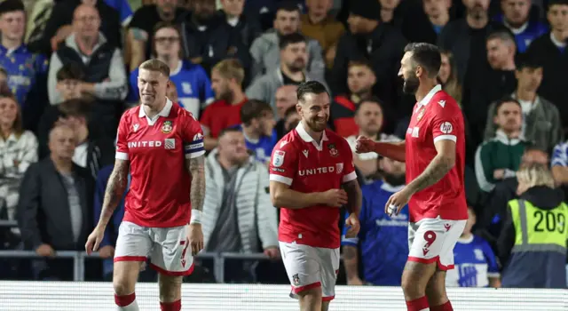 Wrexham celebrate taking the lead at Birmingham City