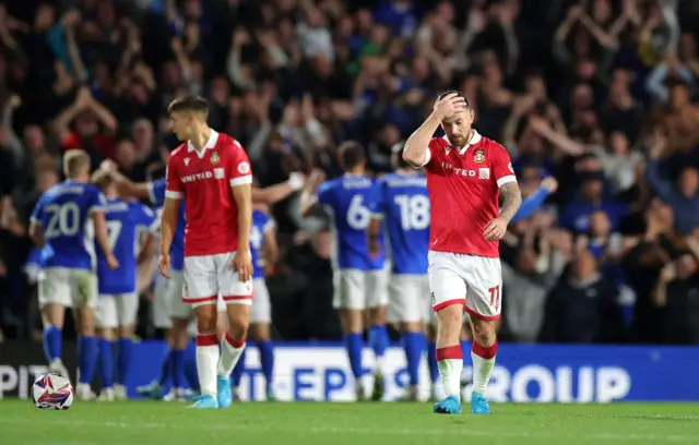 Wrexham forward Jack Marriott places his hand to his head after Birmingham City's third goal at St Andrew's.