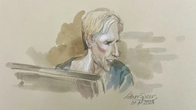 A close-up sketch of Ryan Routh in court