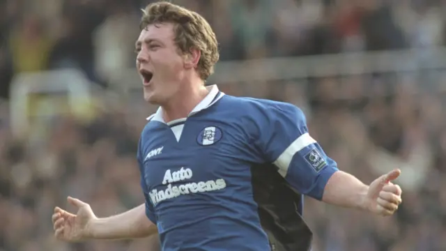 Steve Bruce celebrates one of his three goals in his two seasons as a Birmingham City player