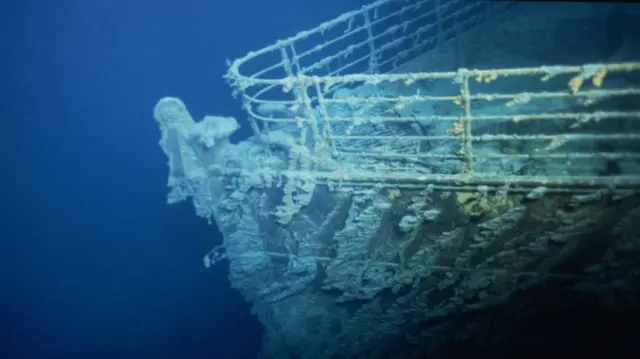 Bow of the RMS Titanic is seen under the ocean