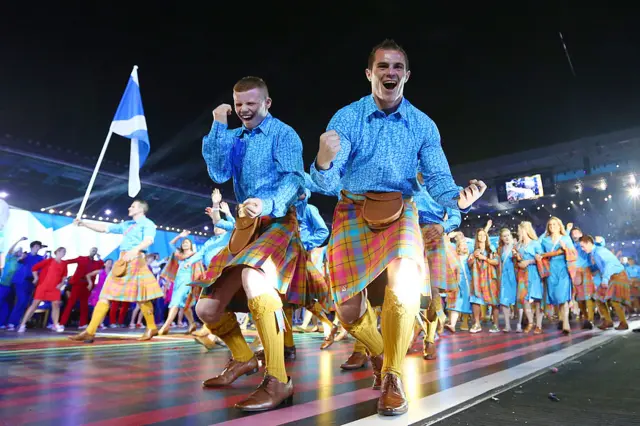 Scottish athletes dancing at the Glasgow 2014 opening ceremony