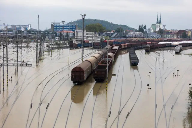 Flooded train tracks in Ostrava