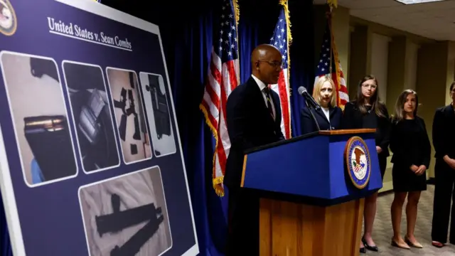 U.S. Attorney Damian Williams speaks at a press conference to announce the unsealing of an indictment charging music mogul Sean "Diddy" Combs