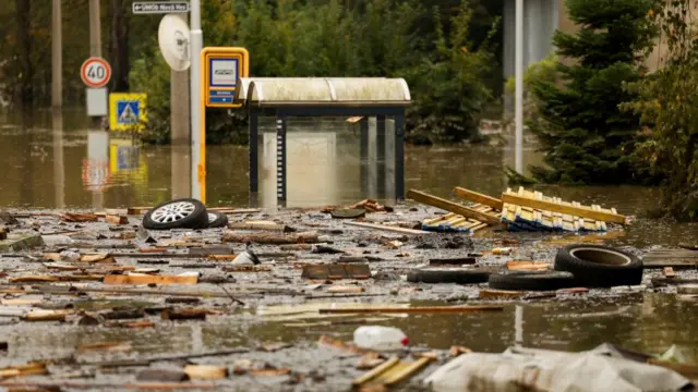 Flooded street following heavy rainfalls in Ostrava, Czech Republic