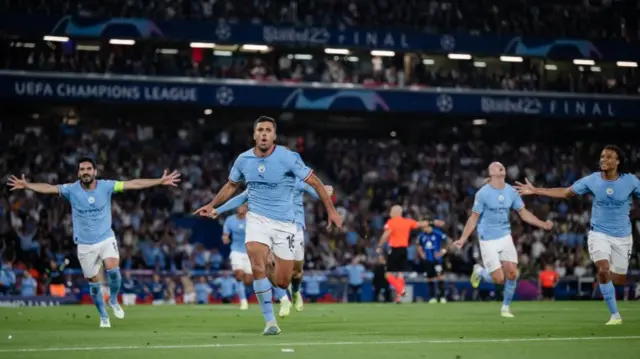 Rodri celebrates scoring in the 2023 Champions League final