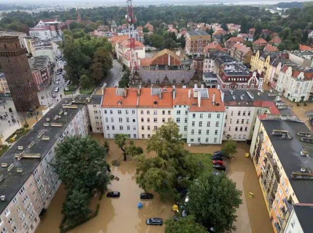 aerial view of the Polish city of Nysa engulfed by flood waters