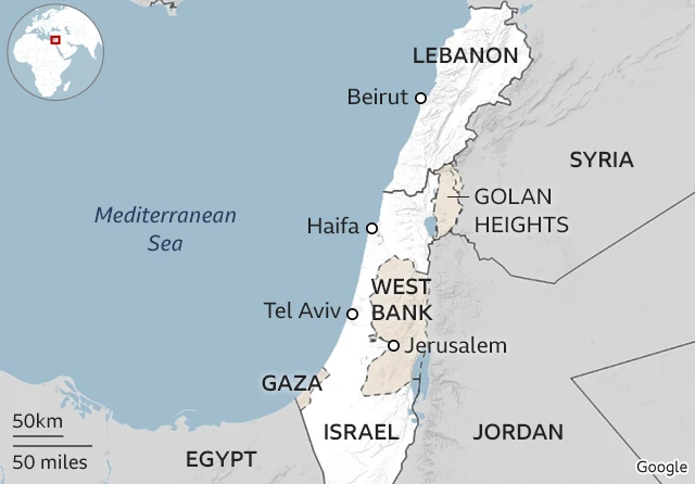 Map showing Israel, Lebanon and Syria