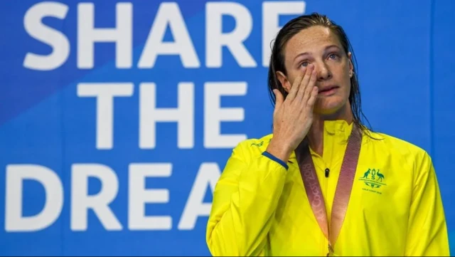 A tearful Australian swimmer after winning a Commonwealth Games medal