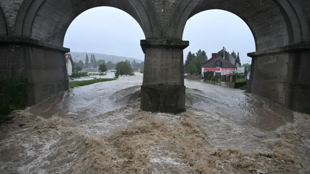 The Traisen river floods the city of Sankt Poelten, Austria, on September 15, 2024