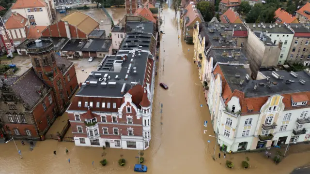 A flooded area by Nysa Klodzka river in Nysa, Poland on Monday