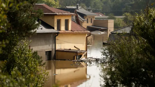 A view of a submerged house at a flood-affected area following heavy rainfalls in Ostrava, Czech Republic, September 17, 2024.