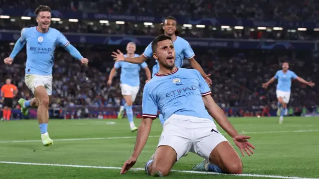 Rodri celebrates scoring in the 2023 Champions League final