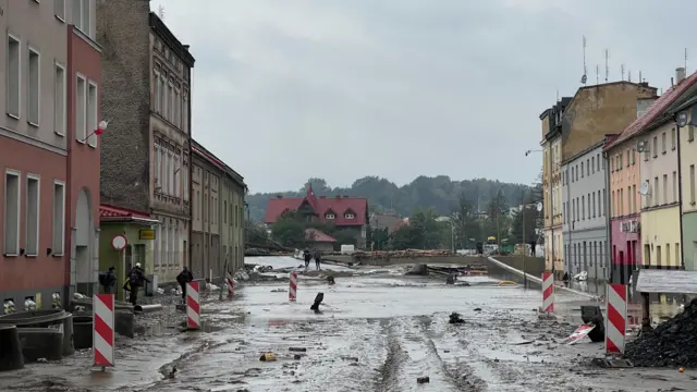 A landscape shot with mud and water flooding a street