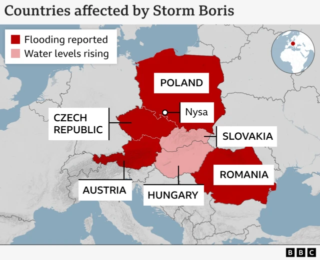 Map showing the countries affected by Storm Boris. Countries where flooding has been reported: Poland, Czech Republic, Austria, Romania. Countries where the water level is rising: Hungary and Slovakia