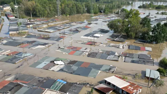 A drone view shows the flood-affected area following heavy rainfall in Ostrava