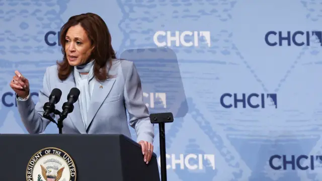 Democratic presidential nominee and U.S. Vice President Kamala Harris addresses the Congressional Hispanic Caucus Institute