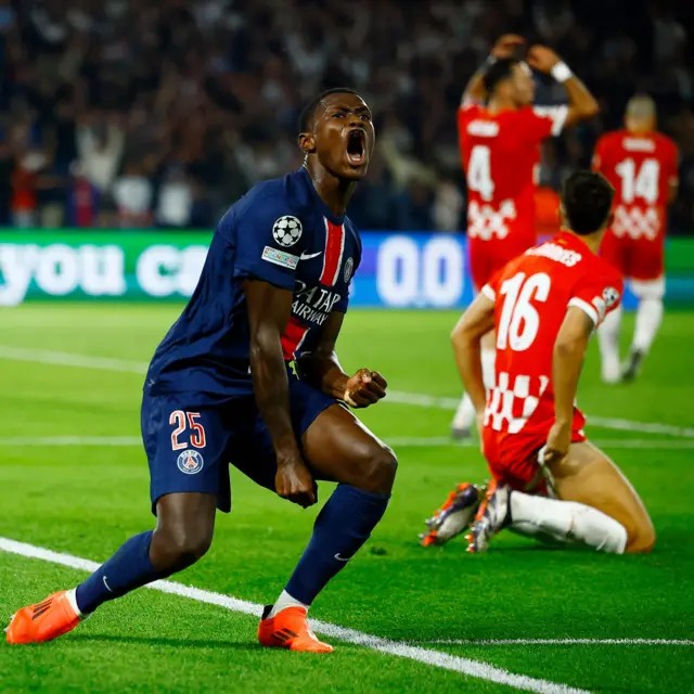 Mendes celebrates his late goal for PSG