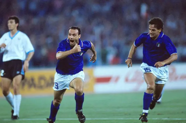 Toto Schillaci of Italy celebrates with Roberto Baggio