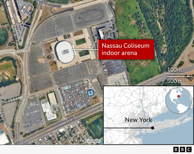 A map of Nassau Coliseum, where Donald Trump will hold a rally later