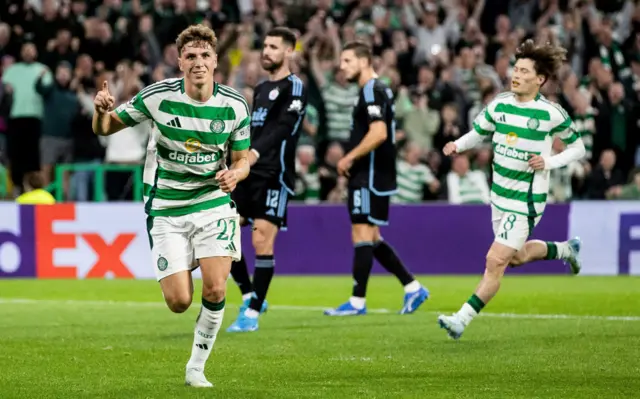 Arne Engels scored Celtic's third goal from the penalty spot