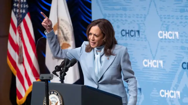 Democratic presidential nominee and U.S. Vice President Kamala Harris addresses the Congressional Hispanic Caucus Institute