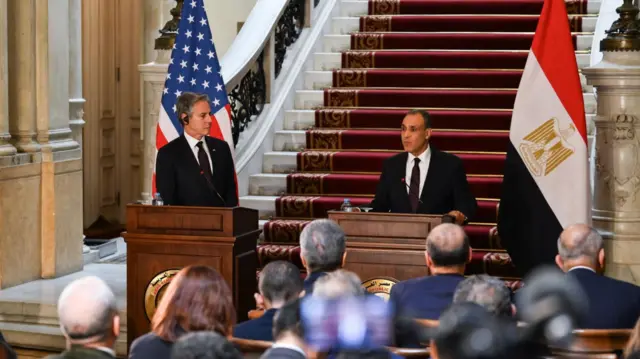 Antony Blinken (L) met Egyptian counterpart Badr Abdelatty (R) in Cairo yesterday