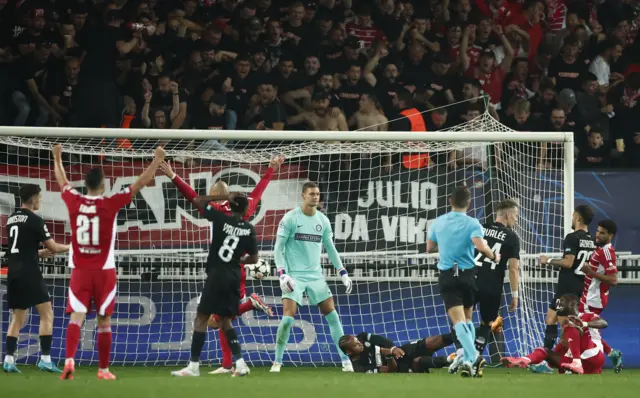 Brest players celebrate their second goal