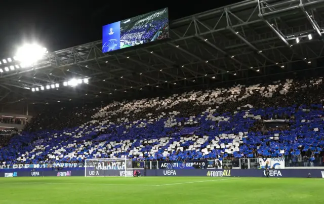 Atalanta fans before kick-off wih a mosaic in the stands