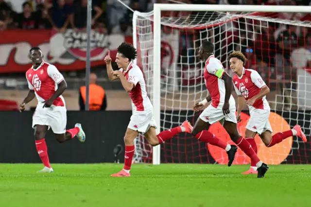 Maghnes Akliouche celebrates a goal for Monaco