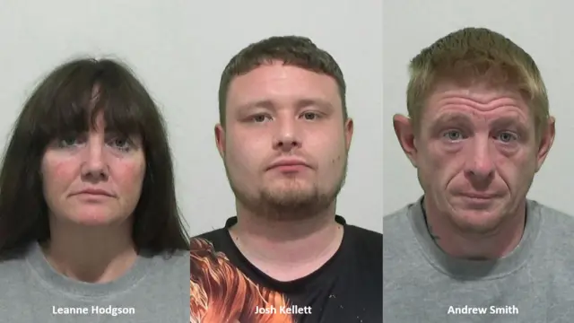 Police images of Leanne Hodgson, 43, Josh Kellett, 29, and Andrew Smith, 41 - who are being sentenced today