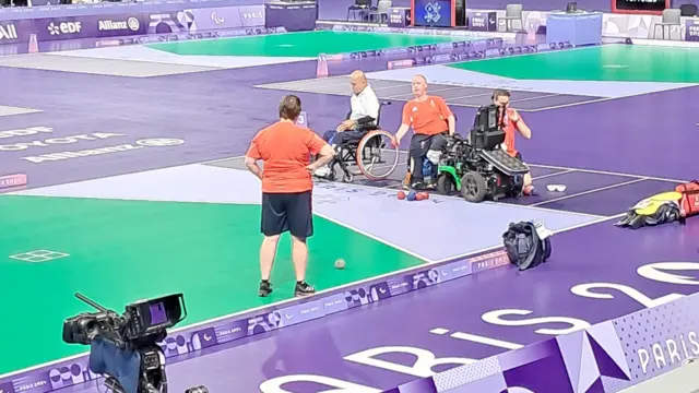 Edilson Chica and Stephen McGuire warm up for their boccia final