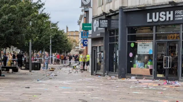 Picture of Hull city centre shops, including Lush and Greggs, cordoned-off following riots