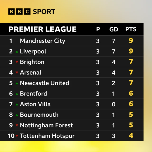 Top half of the Premier League table