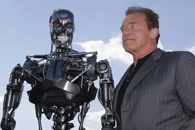 Terminator robot and Arnold Schwarzenegger