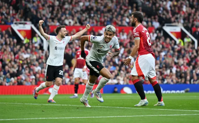 Luis Diaz celebrates scoring for Liverpool at Old Trafford