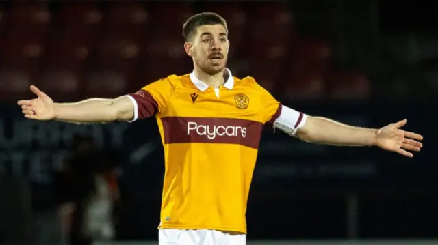 DINGWALL, SCOTLAND - JANUARY 27: Motherwell's Declan Gallagher during a Scottish Premiership match between Ross County and Motherwell at The Global Energy Arena on January 27, 2021, in Dingwall, Scotland. (Photo by Alan Harvey / SNS Group)