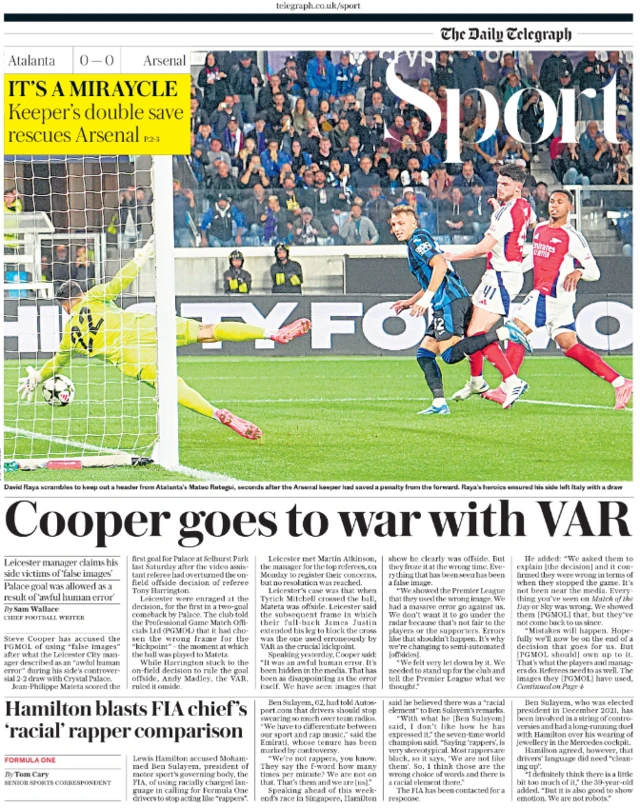 Lead sport page in the Daily Telegraph on 20 September 2024